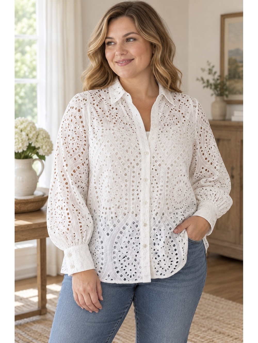 White Eyelet Button Front Blouse Chico’s Size 2 Puff Sleeve Cotton